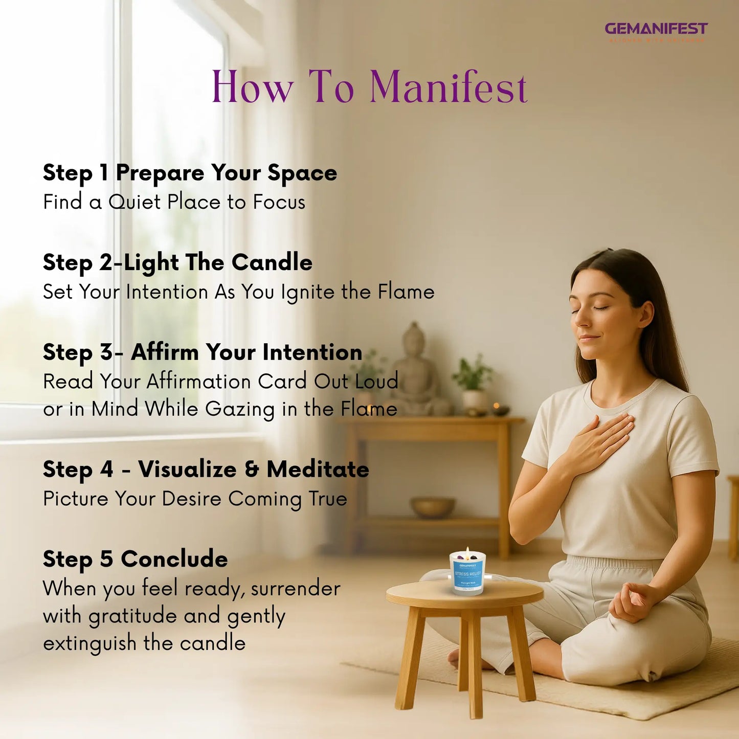 Woman meditating with a Stress Relief candle in a peaceful room, accompanied by steps on how to manifest.