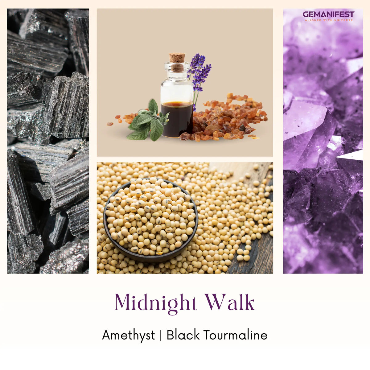 Collage of various crystals and elements with 'GEMANIFEST' branding, featuring amethyst and black tourmaline.