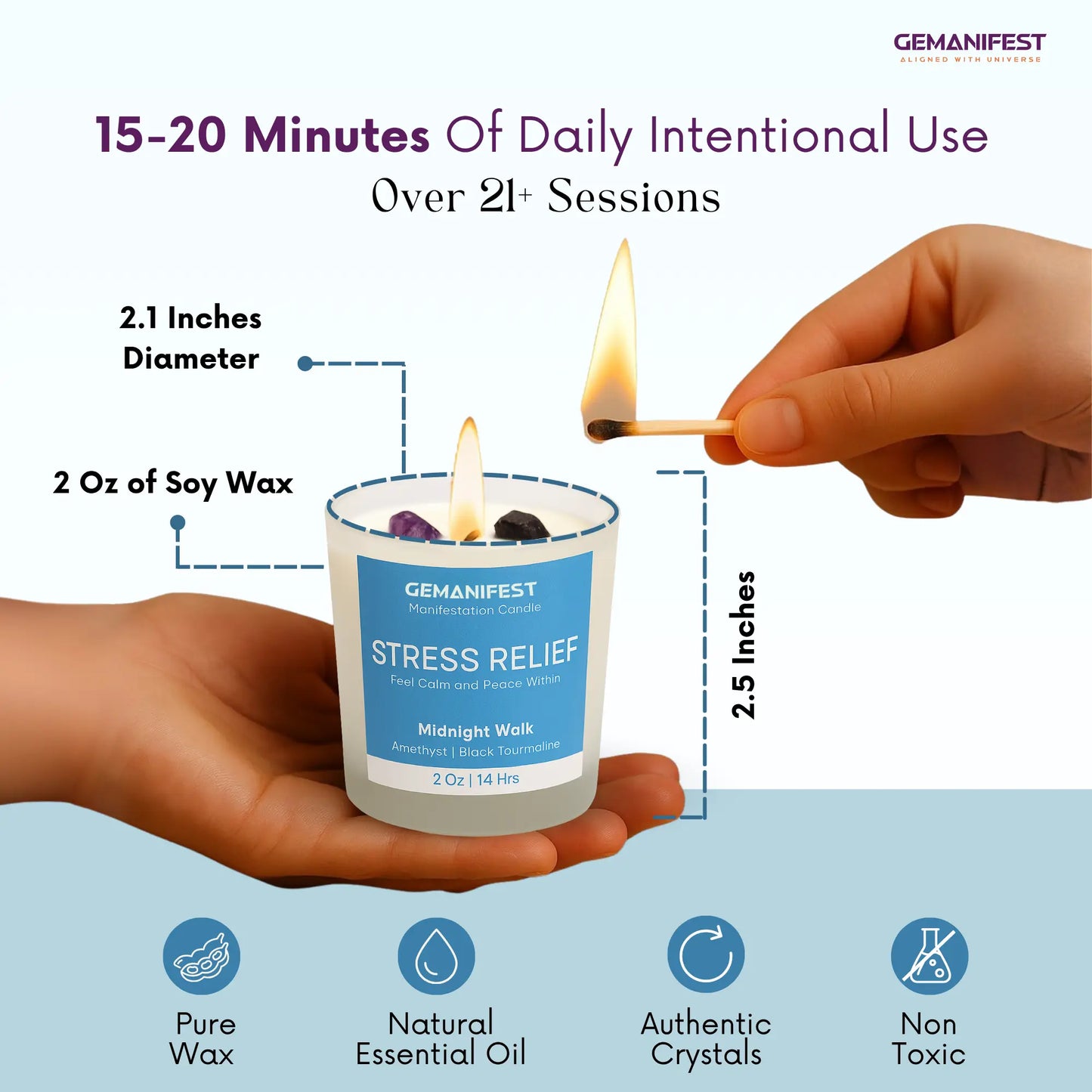 Gemanifest stress relief candle with dimensions and features on a blue background