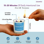 Gemanifest stress relief candle with dimensions and features on a blue background