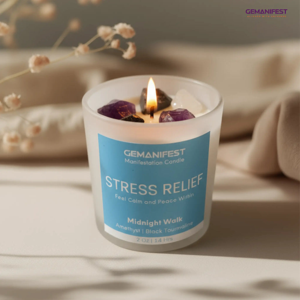 Gemanifest stress relief candle with a blue label on a neutral background