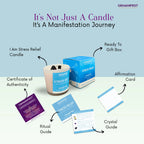 Stress relief candle set with packaging, certificate, cards, and guides on a light blue background.