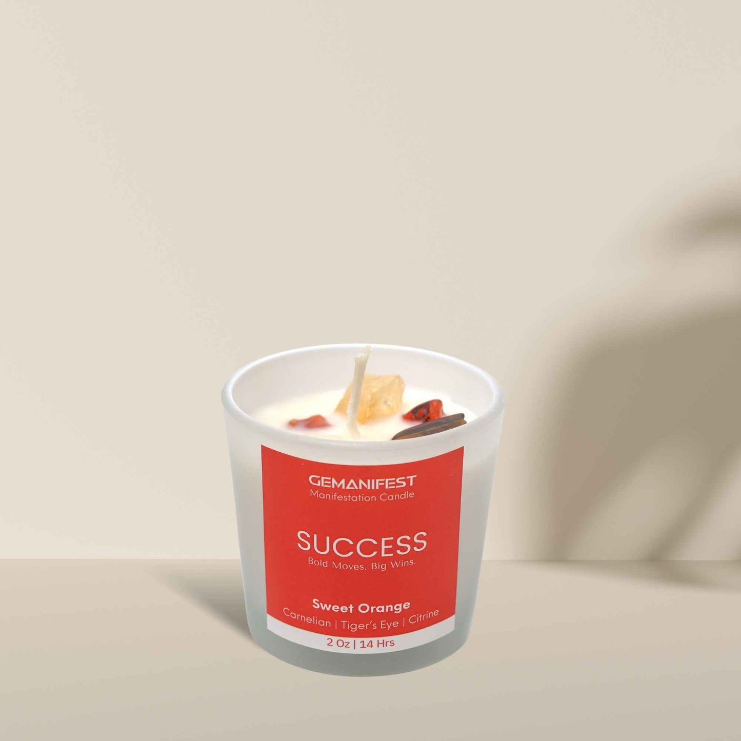 Success Manifestation Candle with Citrine, Tiger’s Eye, Carnelian crystals and Sweet Orange essential oil for motivation and success.