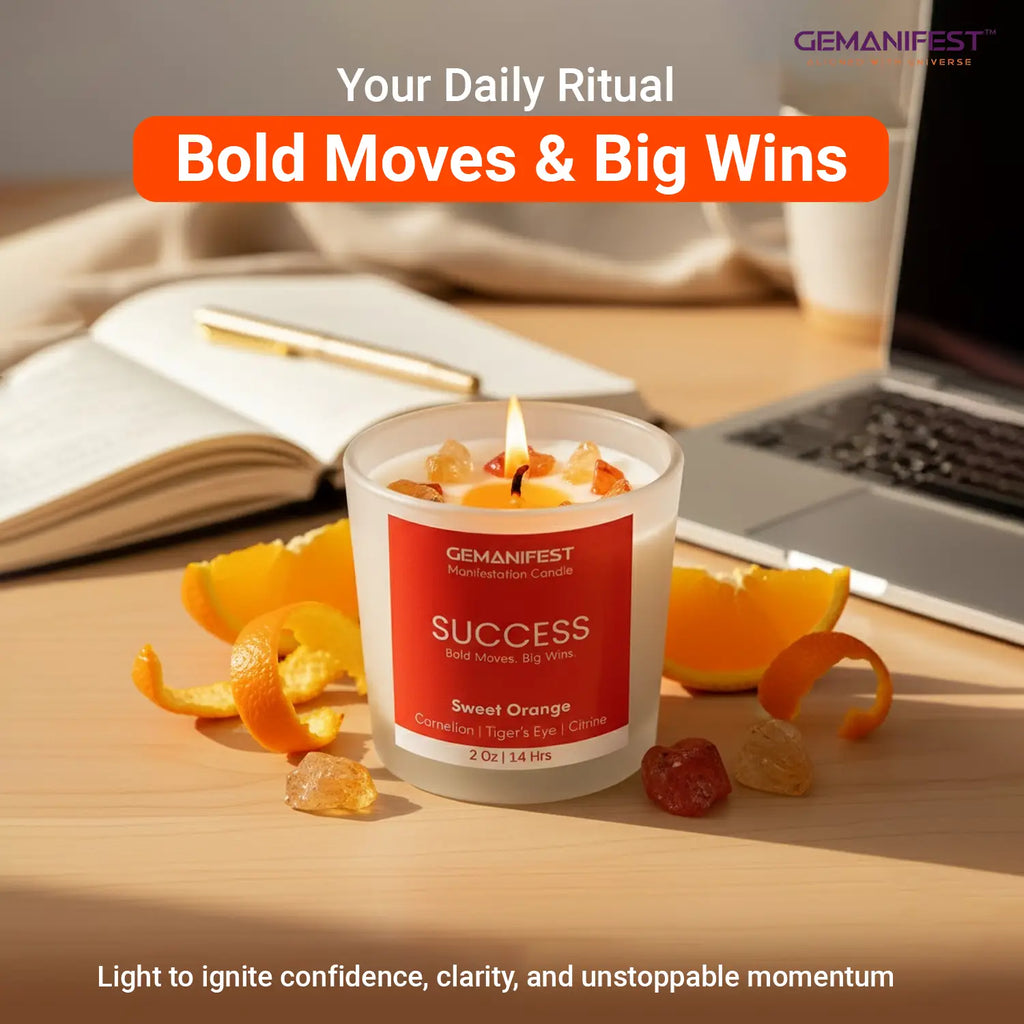 Gemanifest success candle with orange peel and fruit on a desk, with text 'Your Daily Ritual Bold Moves & Big Wins'.