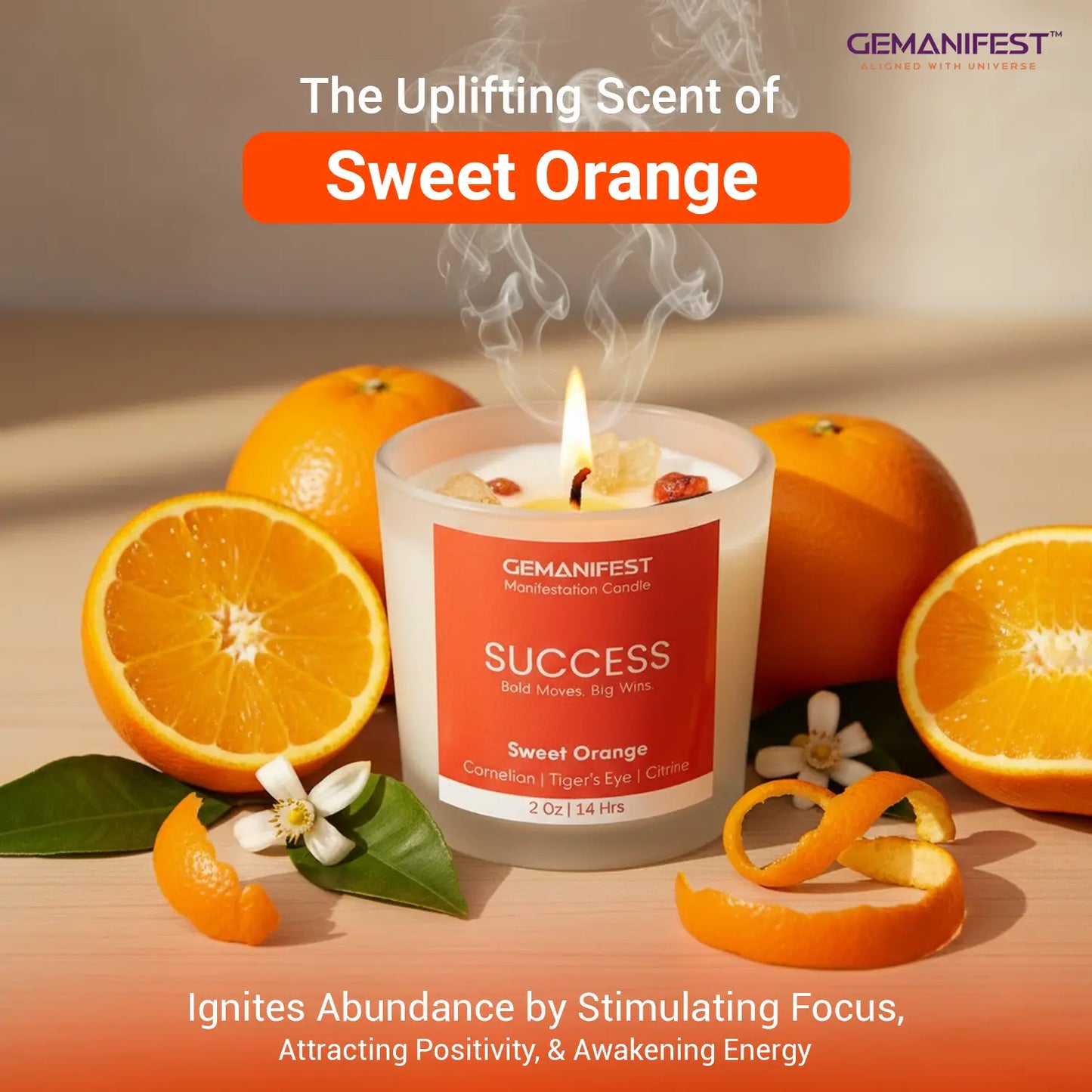 Gemanifest candle with sweet orange scent surrounded by oranges and leaves on a wooden surface.