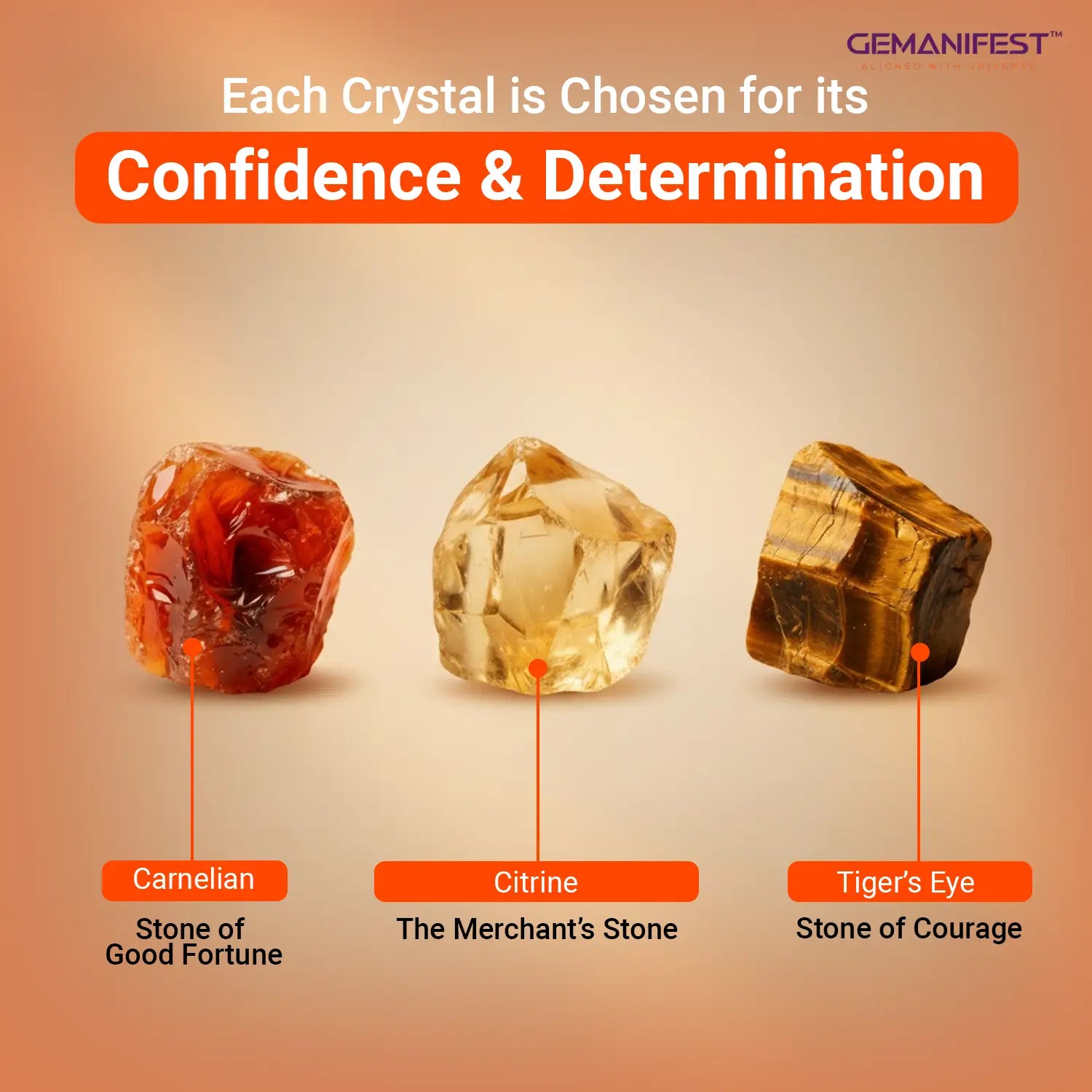 Three crystals labeled Carnelian, Citrine, and Tiger's Eye with descriptive text on a gradient background.