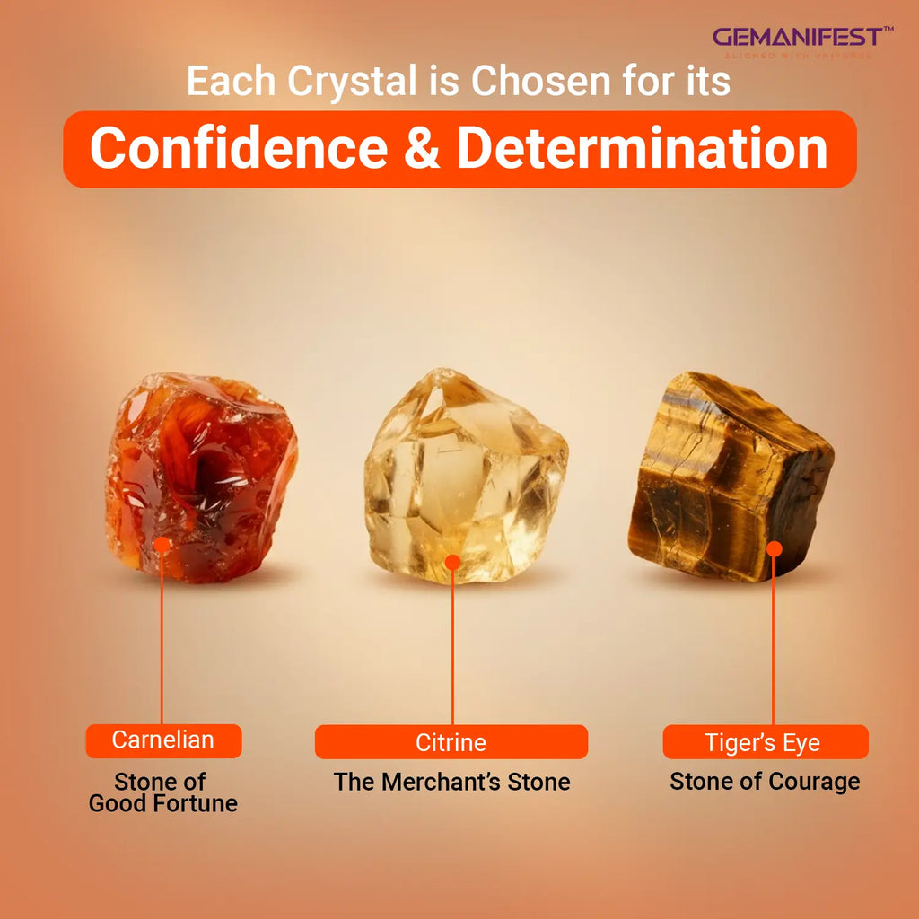 Three crystals labeled Carnelian, Citrine, and Tiger's Eye with descriptive text on a gradient background.