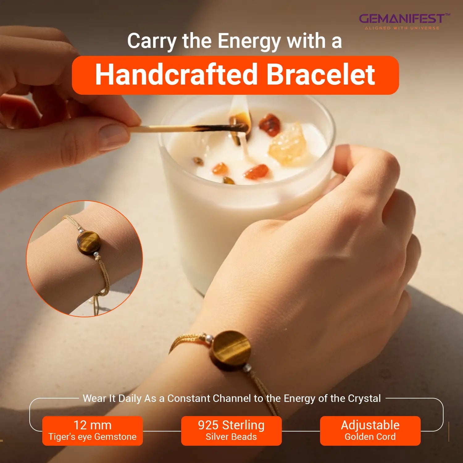 Hand holding a cup with a handcrafted bracelet on a light background, featuring GEMANIFEST branding.