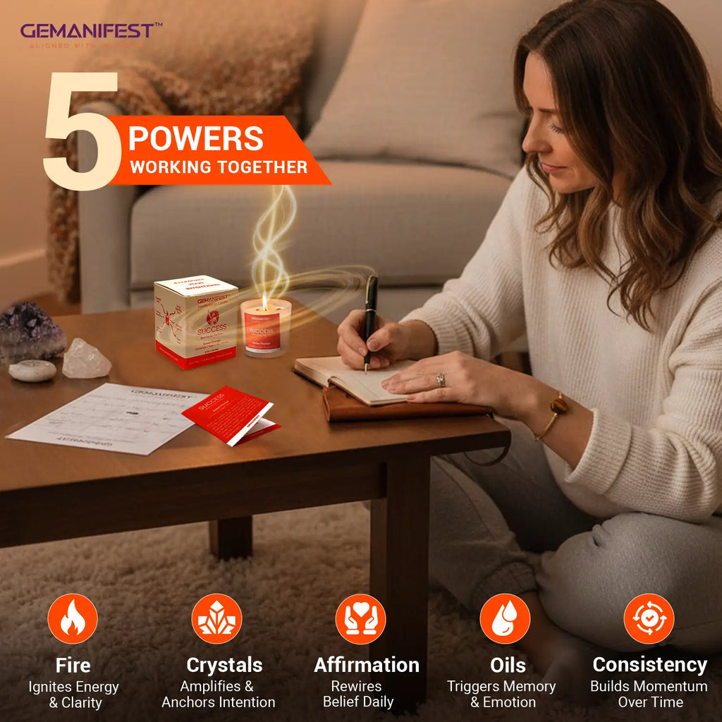Woman sitting at a table with crystals and a candle, surrounded by text about '5 Powers Working Together' by GEMANIFEST.