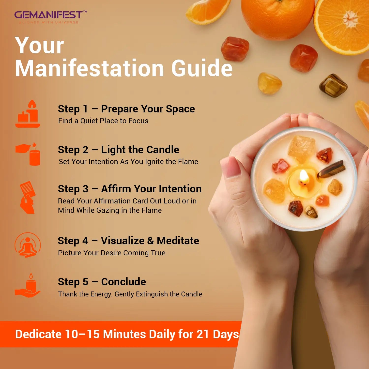 GEMANIFEST manifestation guide with hands holding a candle on a brown background