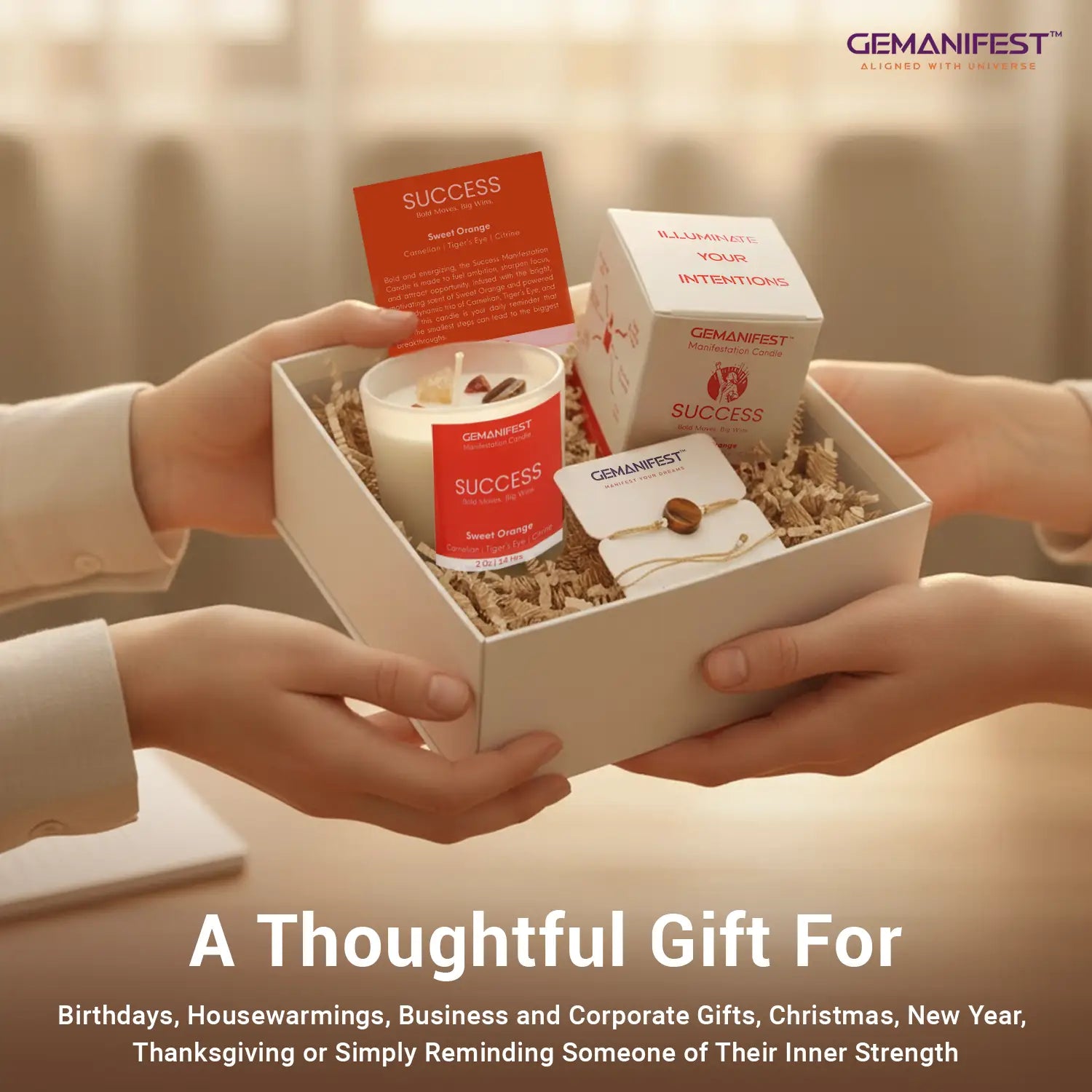 Gift box with candles and cards labeled 'SUCCESS' being handed over, with GEMANIFEST branding.
