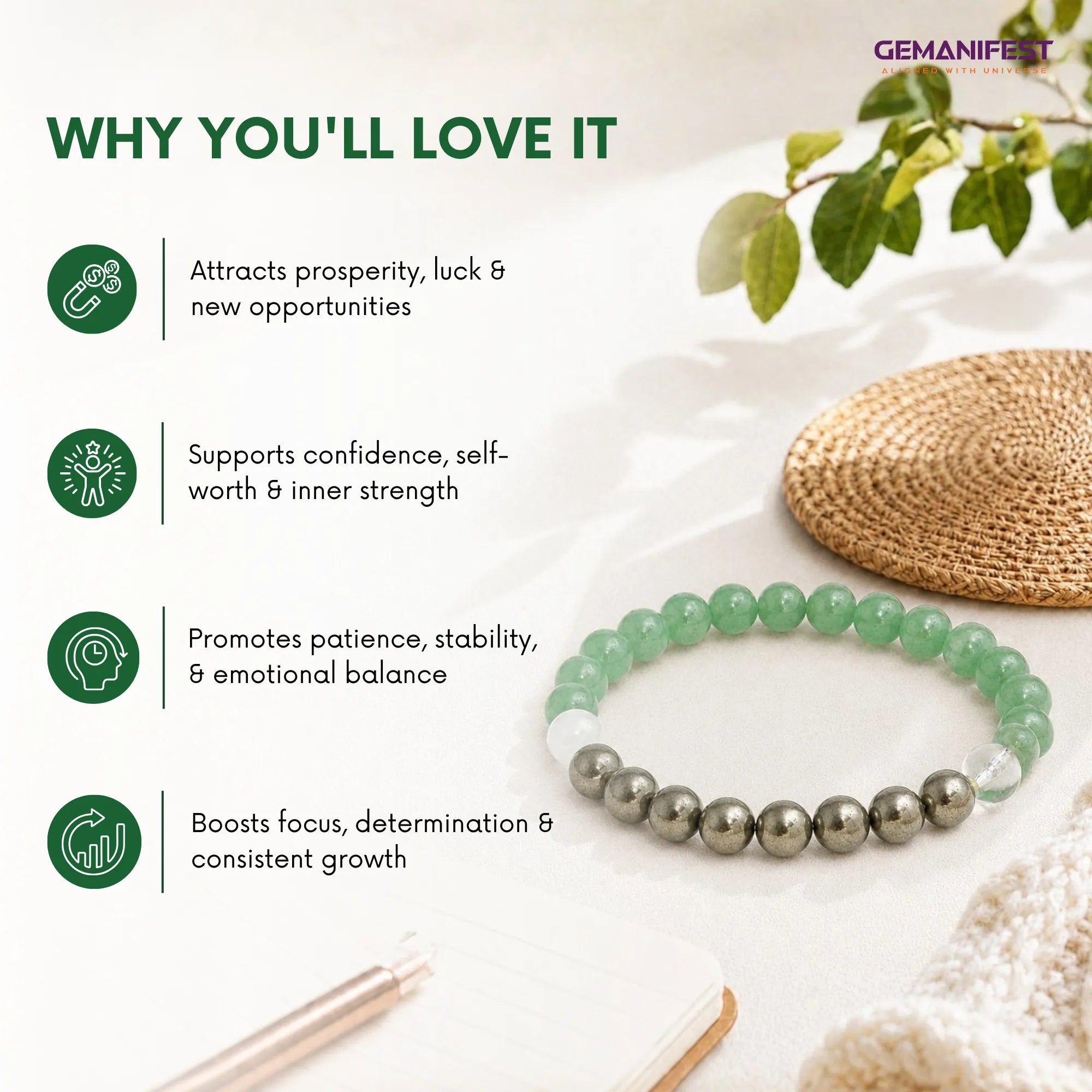 Taurus Zodiac Bracelet – Green Aventurine & Pyrite for Wealth