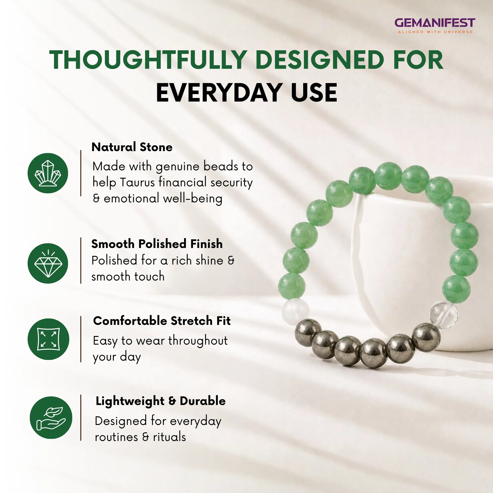 Taurus Zodiac Bracelet – Green Aventurine & Pyrite for Wealth