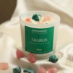 Taurus Zodiac Manifestation Candle with Green Aventurine and Rose Quartz crystals and Rose Essential Oil for grounding, abundance, and love.