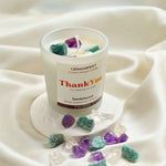 Thank You for Helping Me Grow Candle with Green Aventurine and Amethyst crystals and Sandalwood essential oil for gratitude and appreciation.