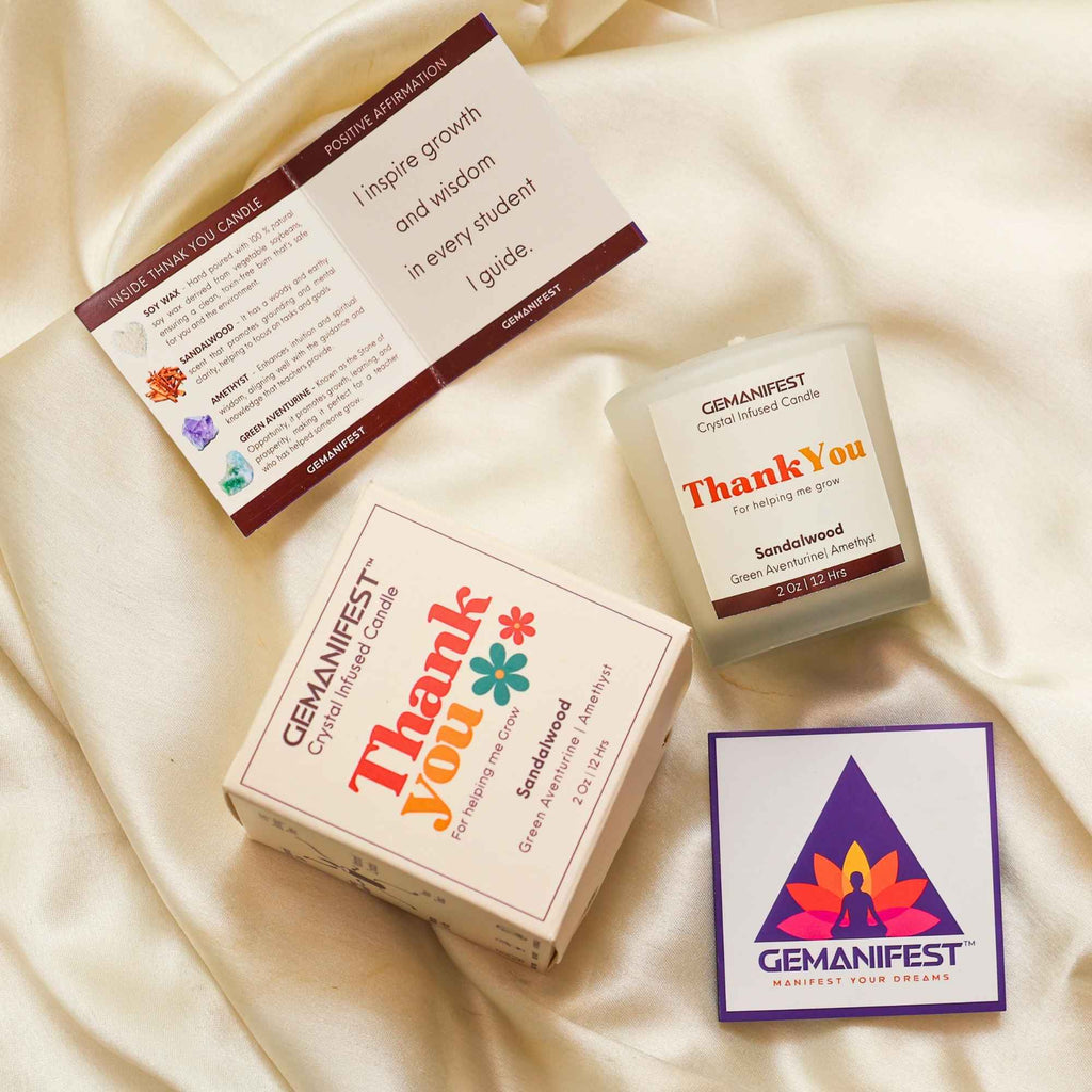 Thank You for Helping Me Grow Candle with Green Aventurine and Amethyst crystals and Sandalwood essential oil for gratitude and appreciation.