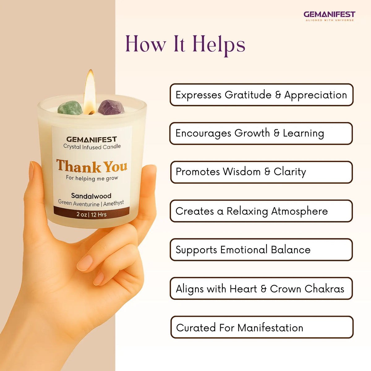 GEMANIFEST crystal infused Thank you candle with a hand holding it, and a list of benefits on a beige background.