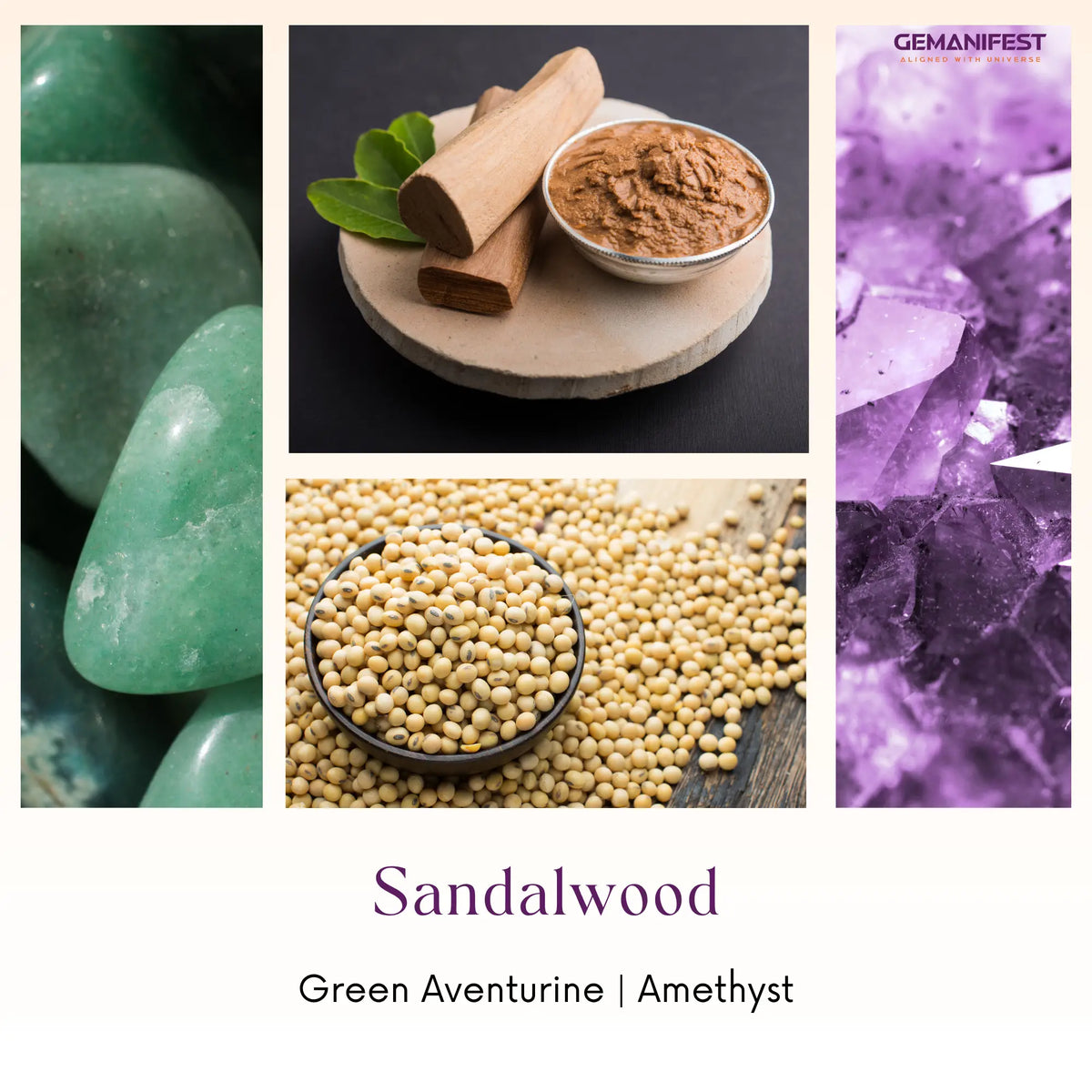 Collage of sandalwood, green aventurine, and amethyst with 'Sandalwood' text.