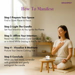 Woman meditating with a Thank You candle in a peaceful room, accompanied by steps on how to manifest.
