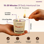 GEMANIFEST Thank You candle with dimensions and features on a beige background