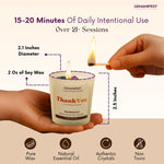 GEMANIFEST Thank You candle with dimensions and features on a beige background