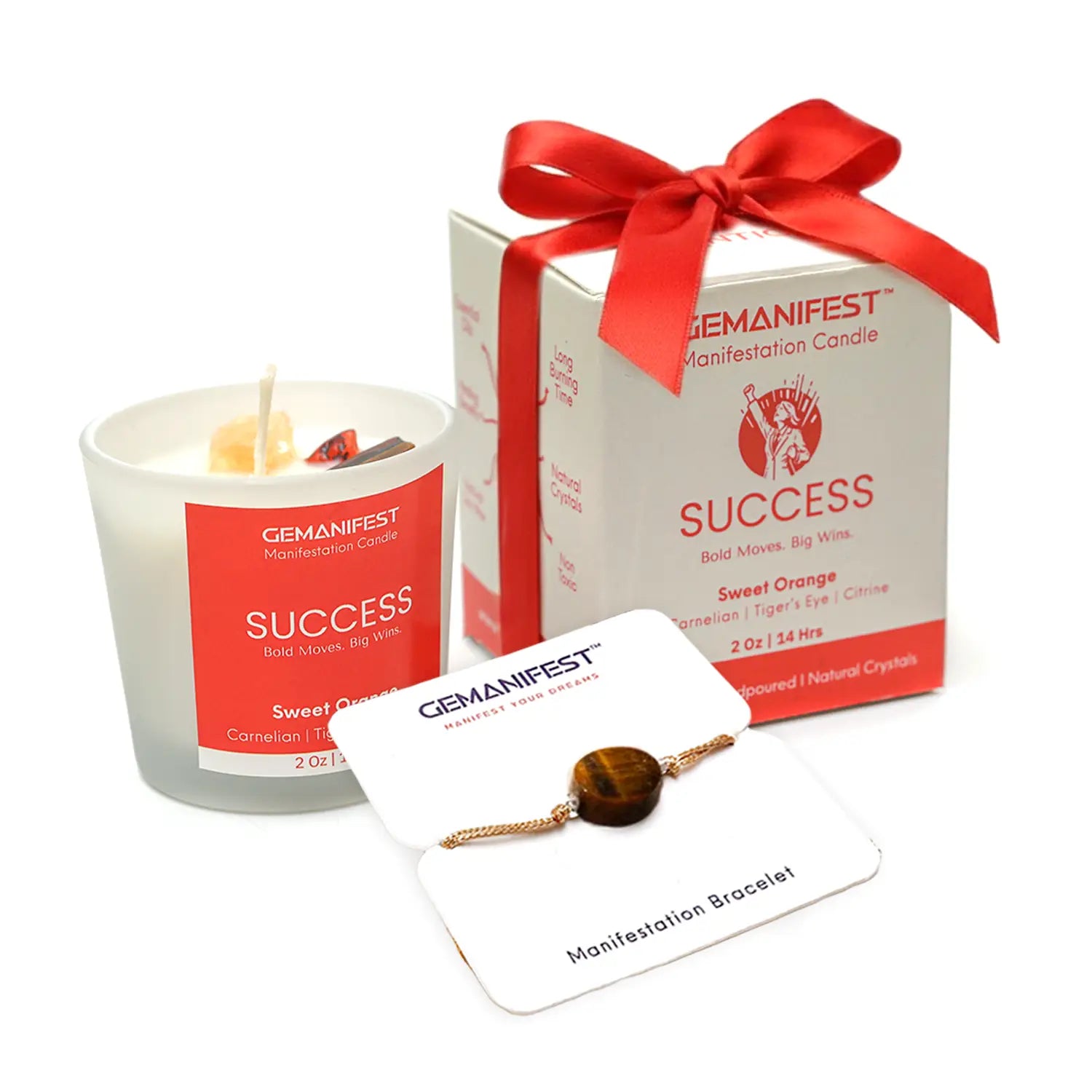 Gemanifest success candle with packaging and bracelet on a white background