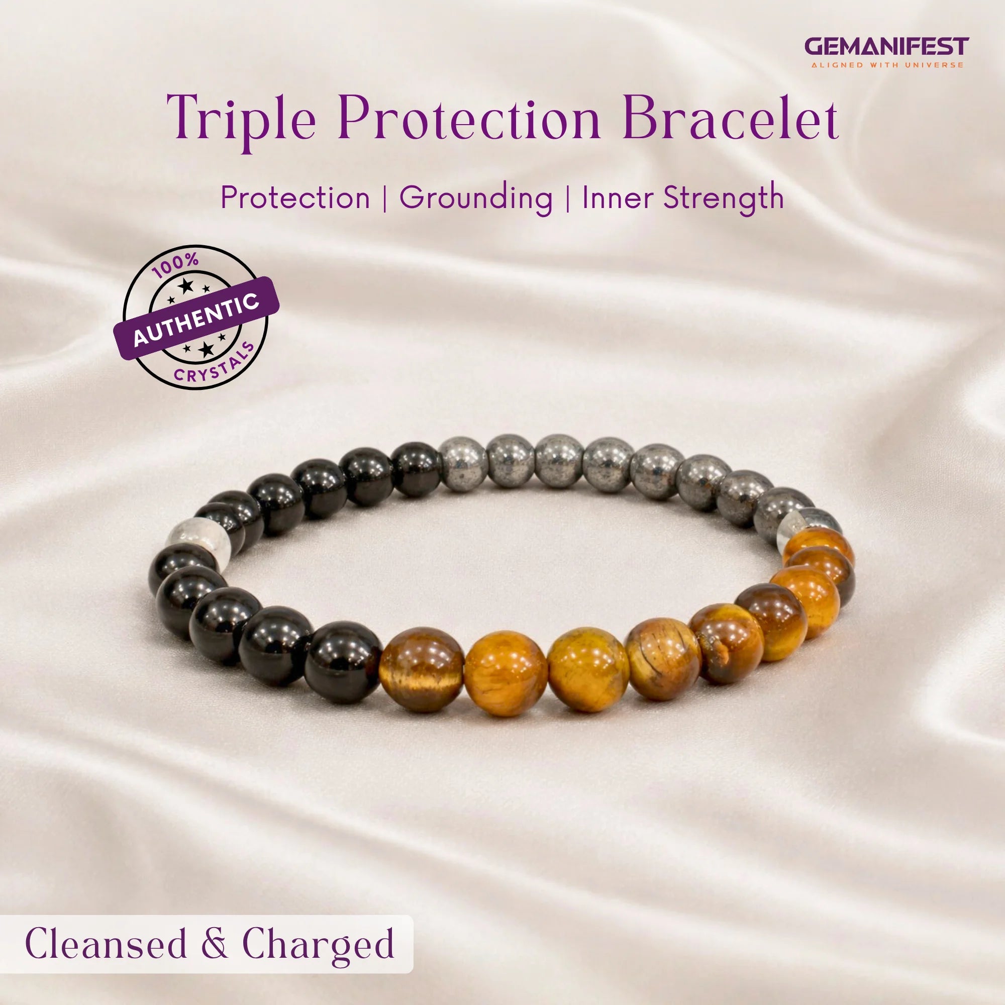 Tripe Protection Bracelet with colored beads on a satin background, featuring GEMANIFEST branding.