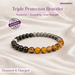 Tripe Protection Bracelet with colored beads on a satin background, featuring GEMANIFEST branding.