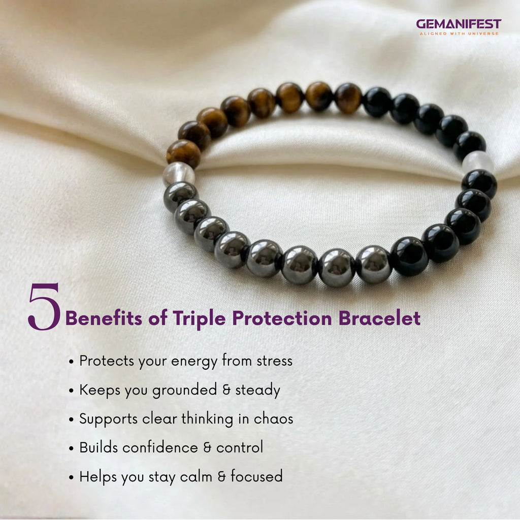 Triple Protection Bracelet with benefits listed on a white fabric background