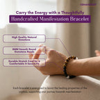 Hand wearing a beaded bracelet with text about GEMANIFEST bracelets on a blurred background