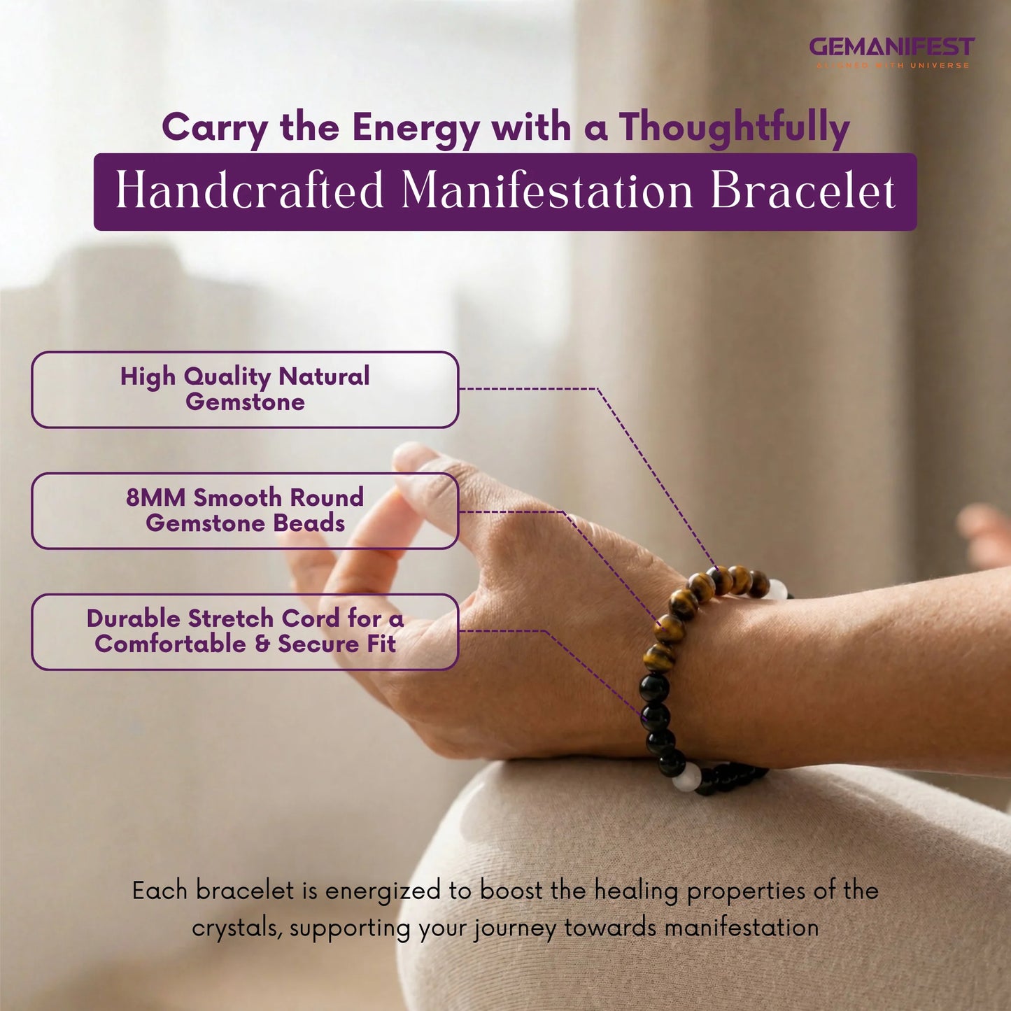 Hand wearing a beaded bracelet with text about GEMANIFEST bracelets on a blurred background