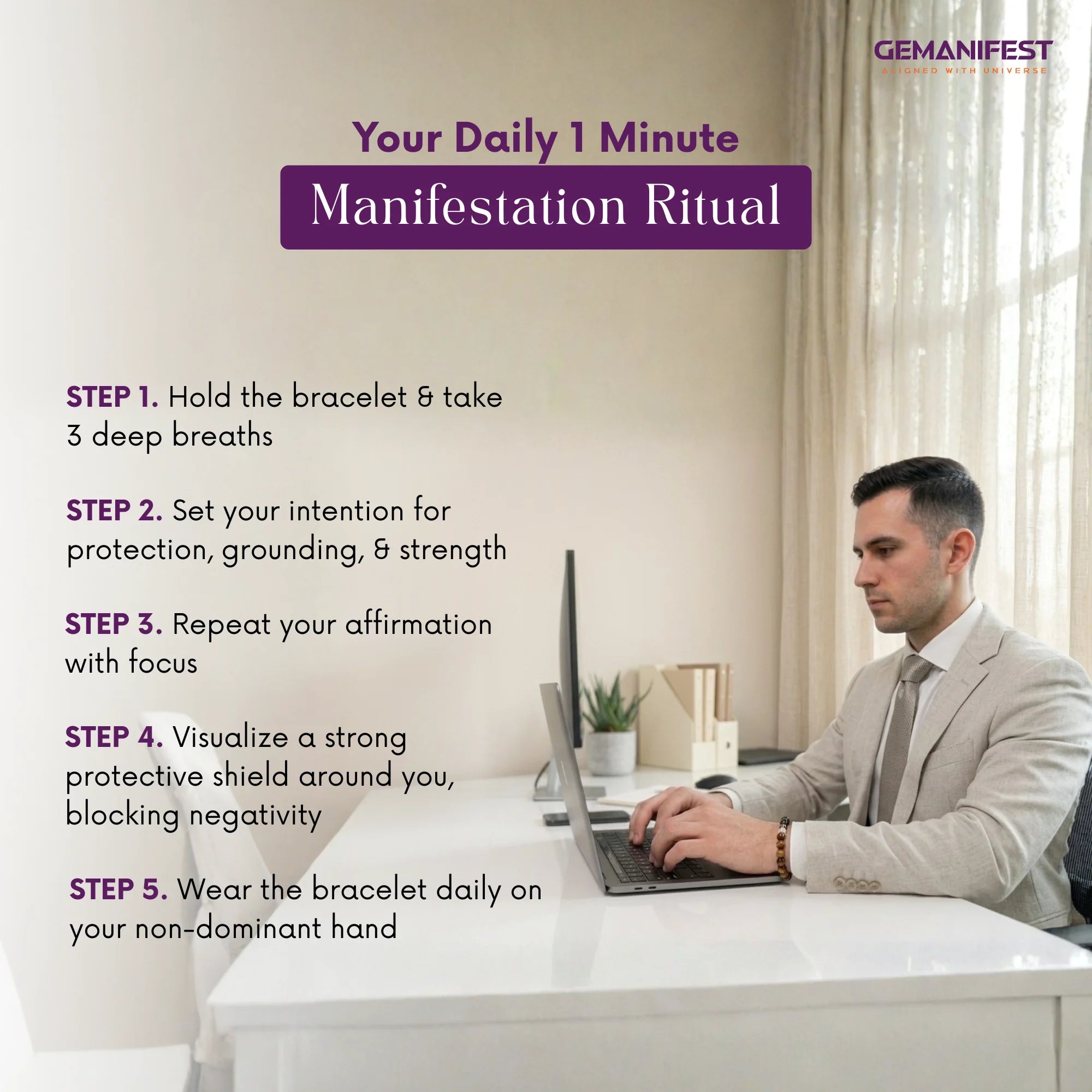 Man sitting at a desk with a laptop, surrounded by text about a daily 1-minute manifestation ritual.
