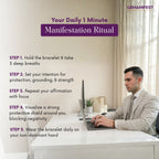 Man sitting at a desk with a laptop, surrounded by text about a daily 1-minute manifestation ritual.