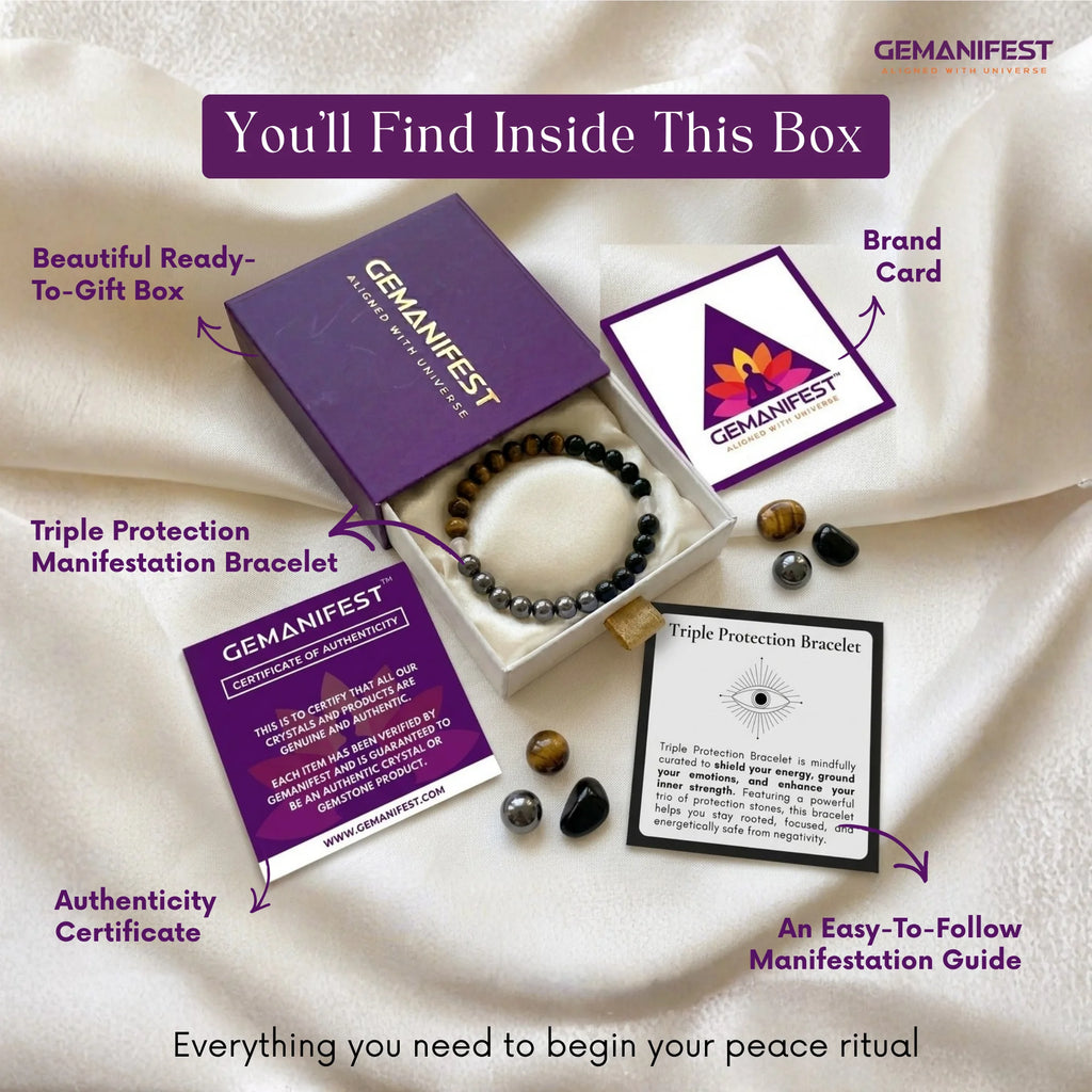 Gemanifest product set with bracelet, card, and certificate on a white fabric background