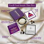 Gemanifest product set with bracelet, card, and certificate on a white fabric background