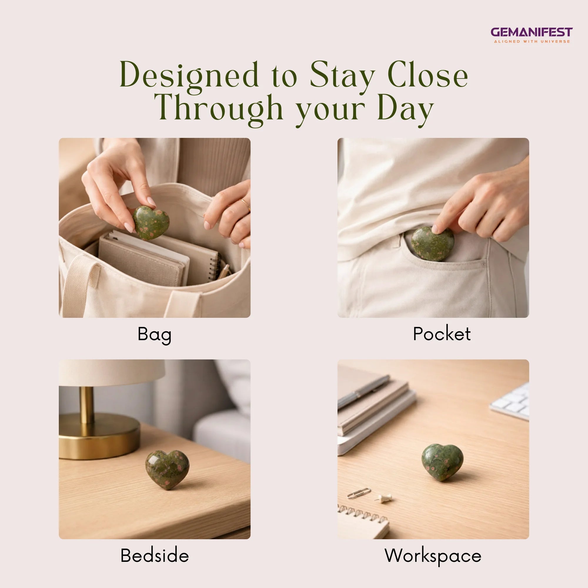 Unakite shown in various settings including a bag, pocket, bedside, and workspace with 'GEMANIFEST' branding.