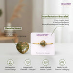 Gemanifest Unakite Heart Manifestation Bracelet with product details on a white background