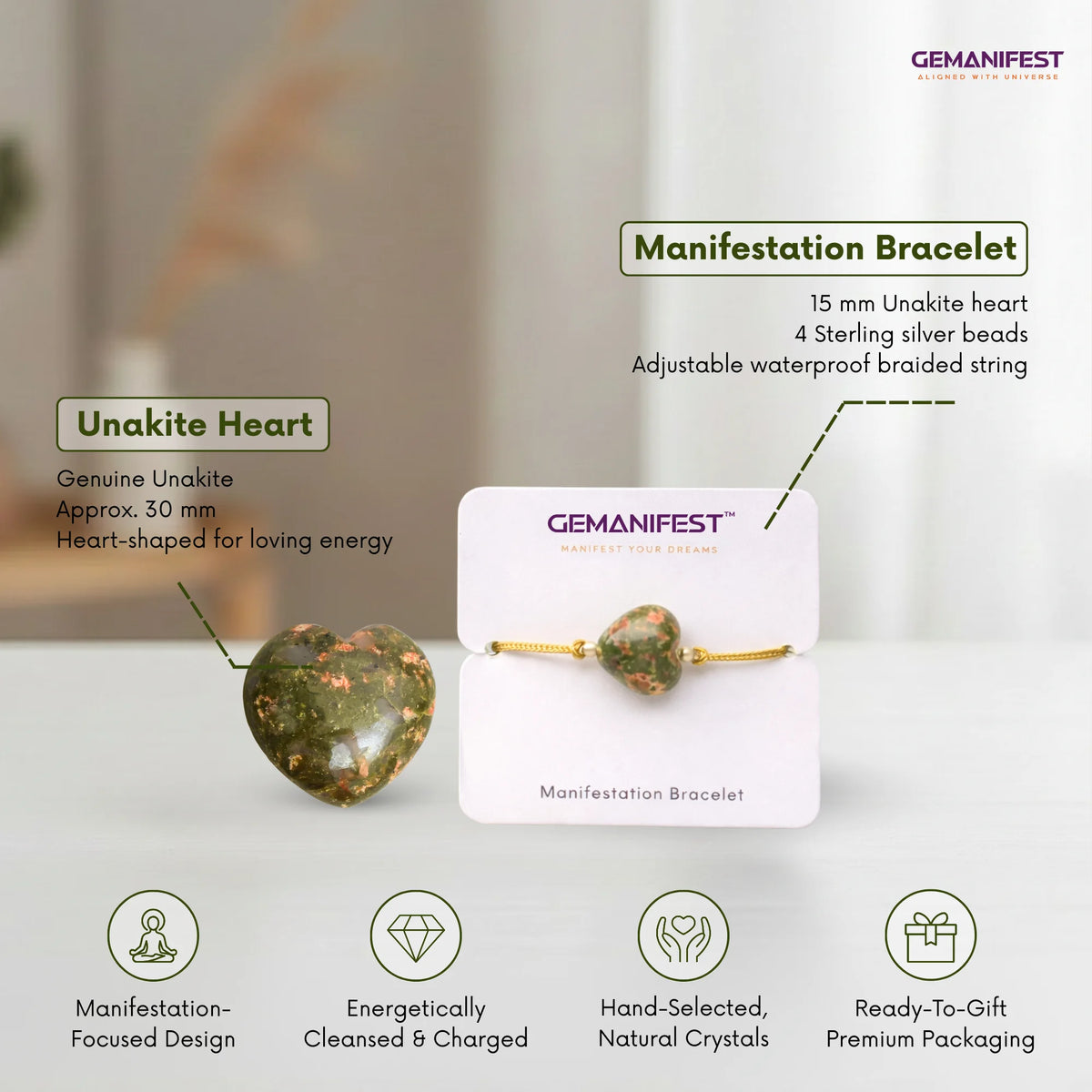 Gemanifest Unakite Heart Manifestation Bracelet with product details on a white background
