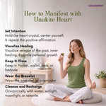 Woman meditating with a unakite surrounded by text on manifesting with Unakite Heart.