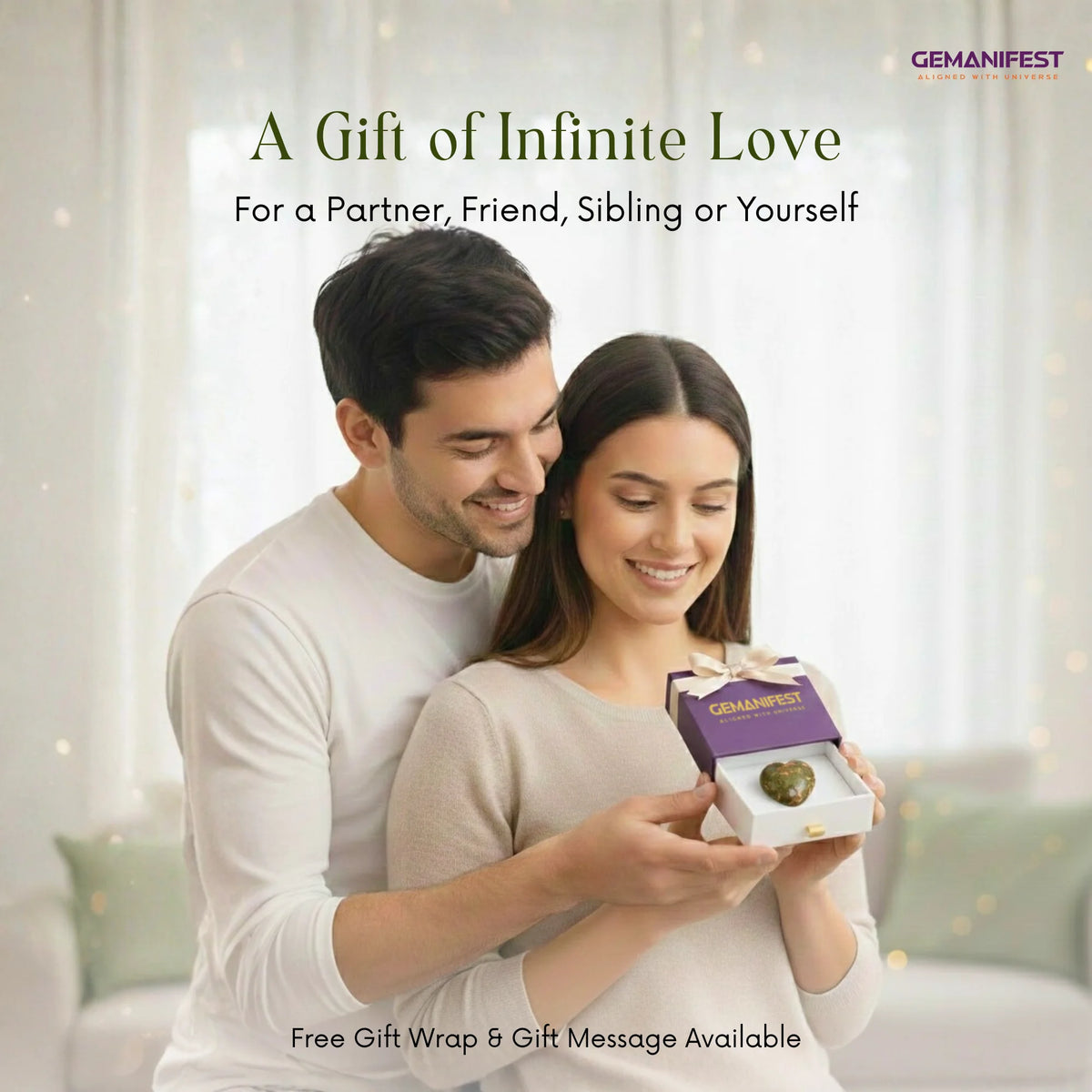Couple holding a GEMANIFEST product with text about free gift wrap.