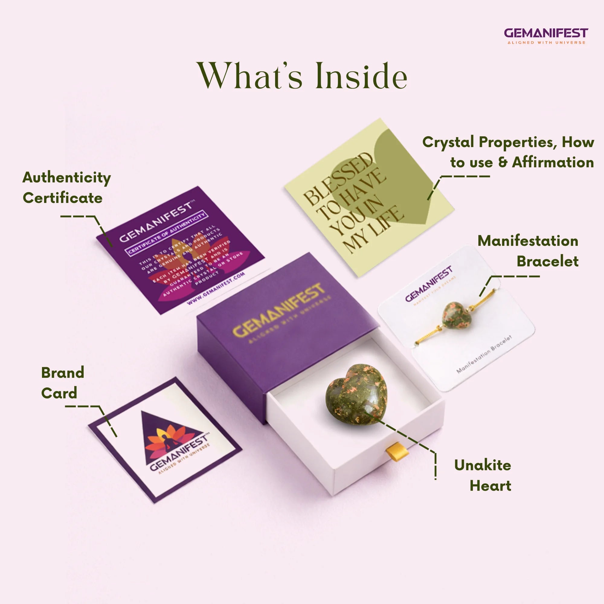 GEMANIFEST product set with crystal heart, bracelet, and branded cards on a white background