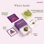 GEMANIFEST product set with crystal heart, bracelet, and branded cards on a white background