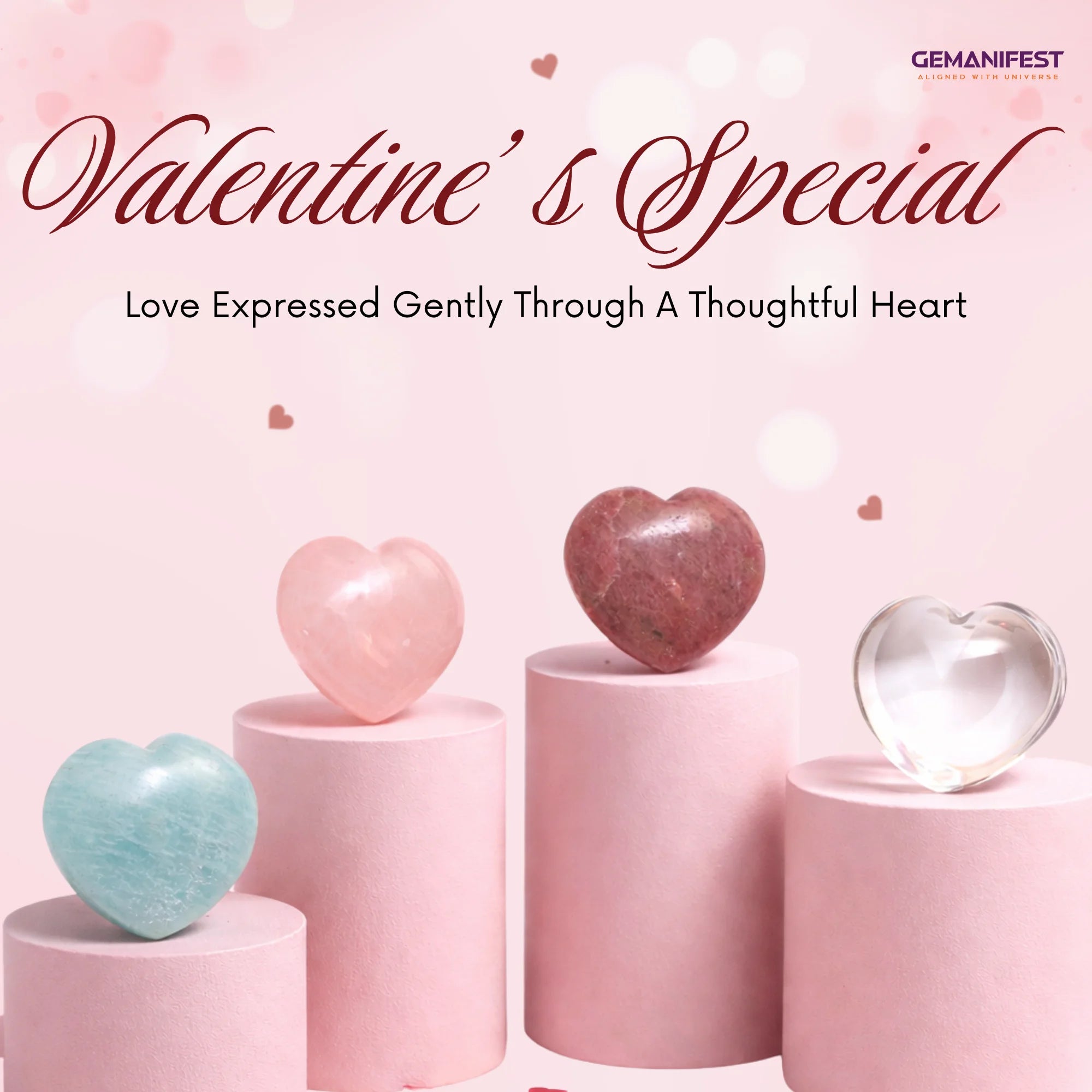 Valentine's Day advertisement with hearts Collection on pink stands and 'GEMANIFEST' branding.
