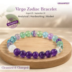 GEMANIFEST Virgo bracelet with amethyst and fluorite beads on a beige background