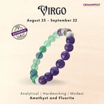 GEMANIFEST Virgo bracelet with amethyst and fluorite beads on a beige background