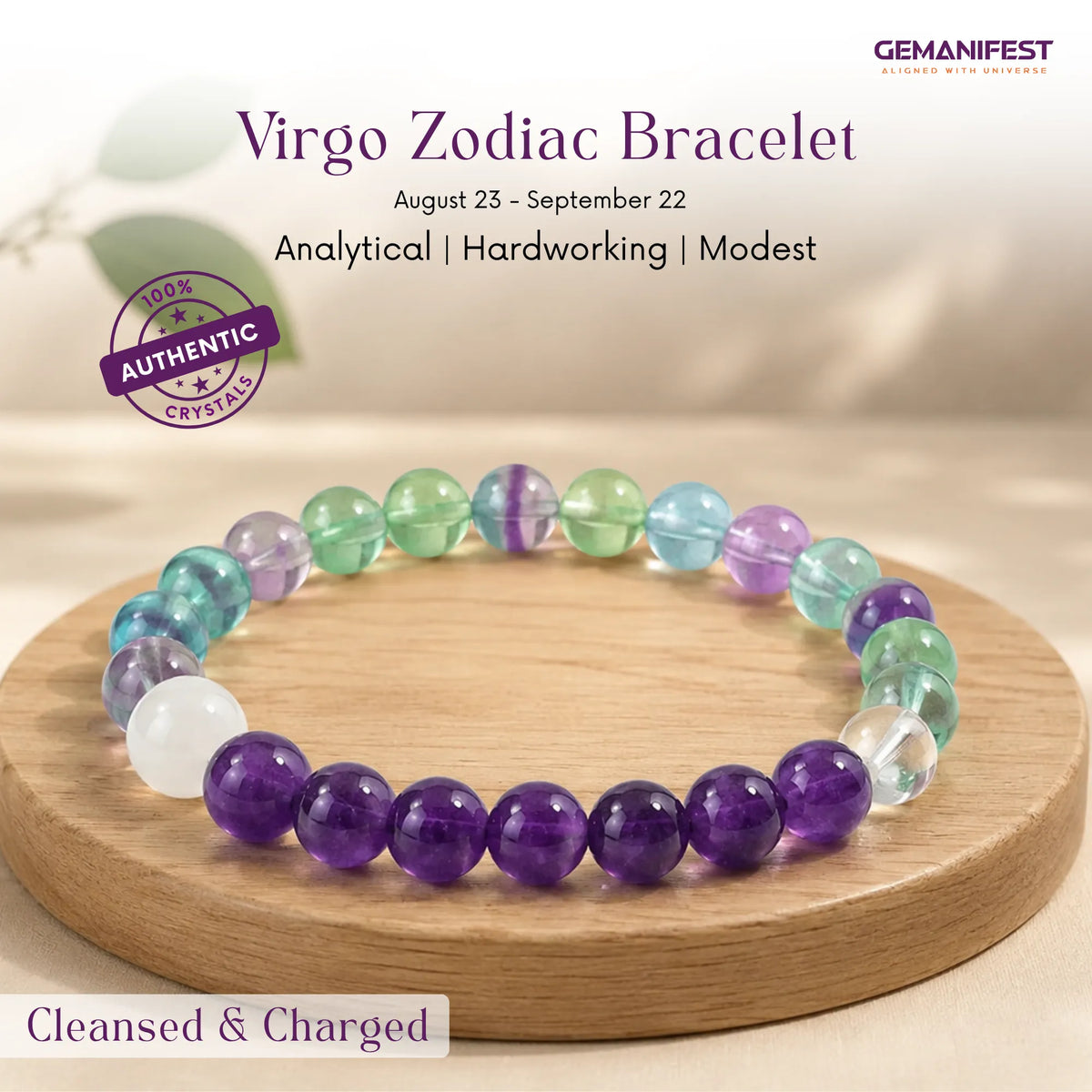 GEMANIFEST Virgo bracelet with amethyst and fluorite beads on a beige background