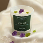 Virgo Zodiac Manifestation Candle with Amethyst and Peridot crystals and Eucalyptus essential oil for clarity and grounding.