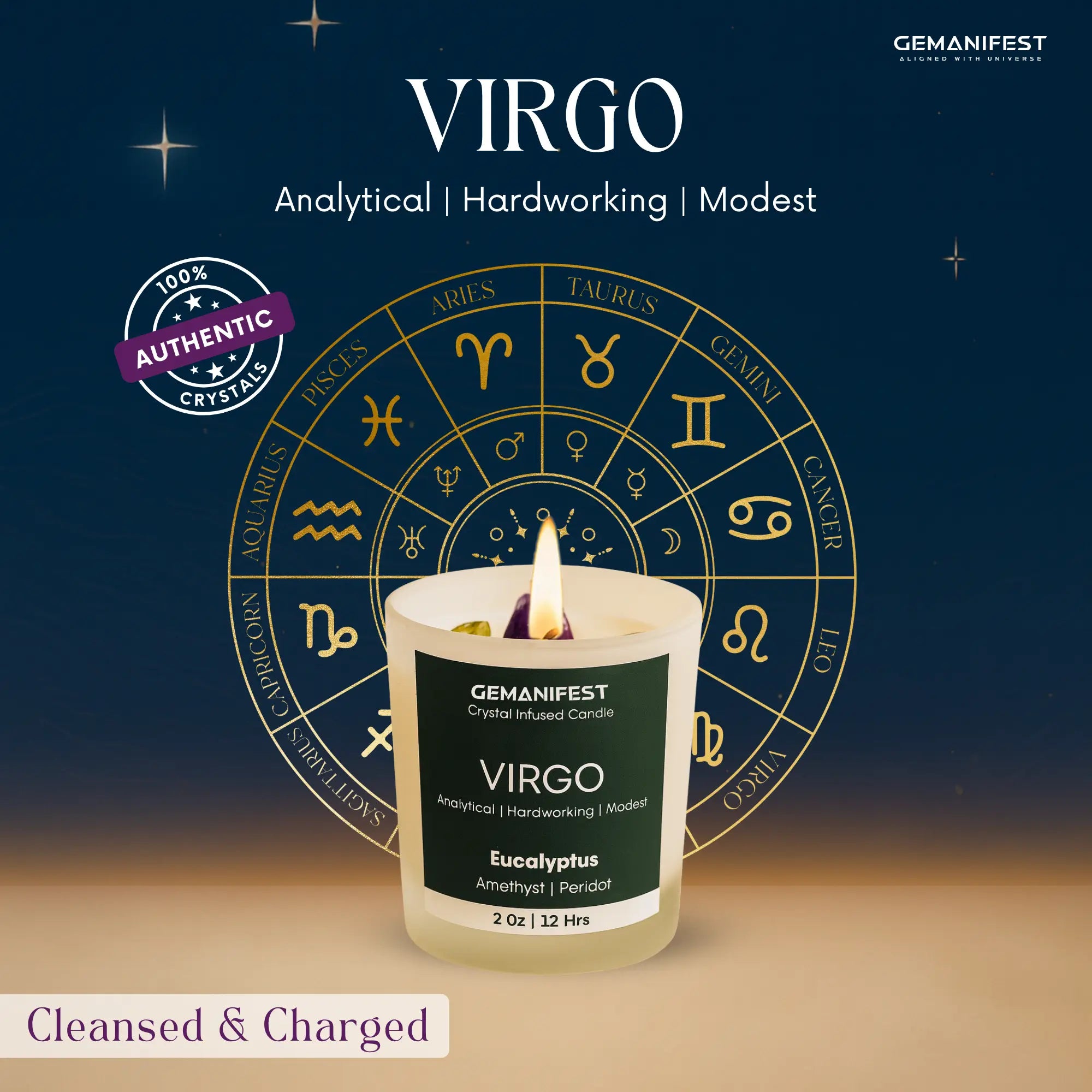GEMANIFEST Virgo candle with zodiac symbols on a dark blue background