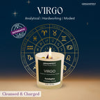 GEMANIFEST Virgo candle with zodiac symbols on a dark blue background