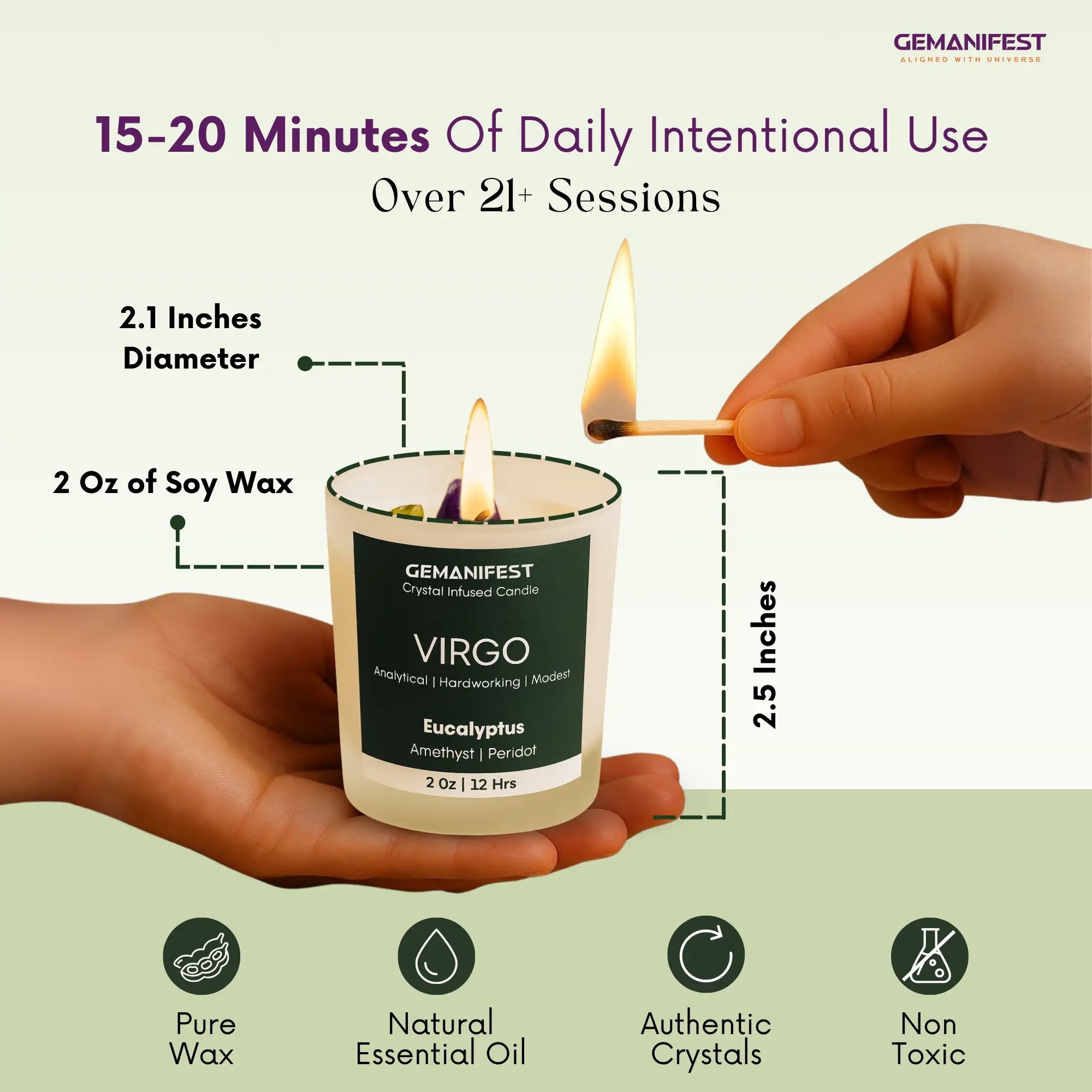 GEMANIFEST Virgo candle being lit with product details on a green background